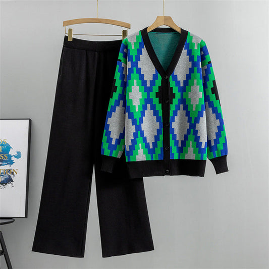 Black - Knitted Cardigan Jacket Two Piece Set