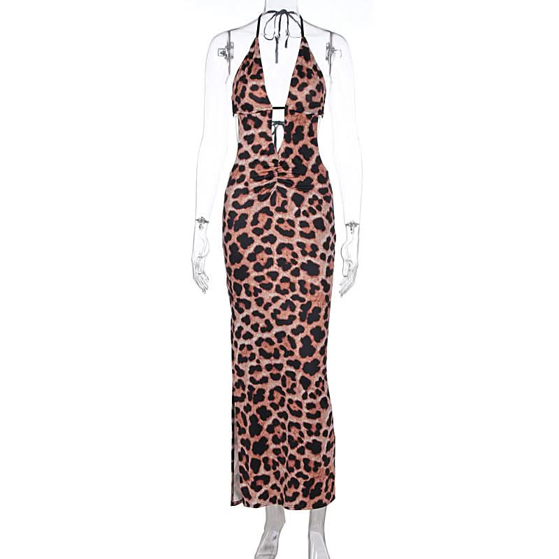 Leopard print hollow out self tie halter slit cut out maxi dress
