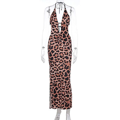 Leopard print hollow out self tie halter slit cut out maxi dress