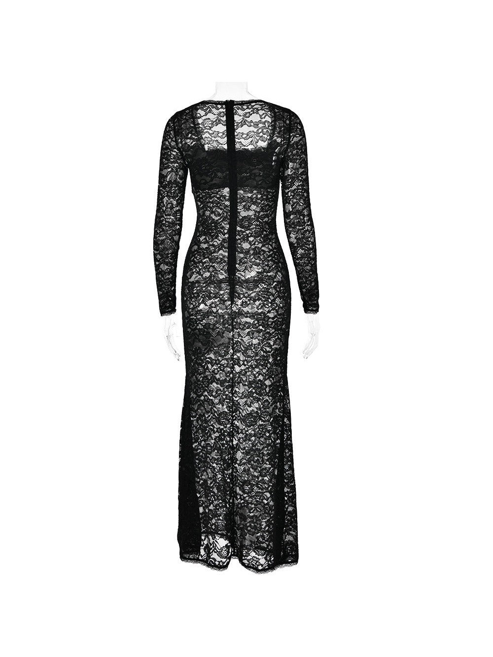 Lace Stitching See through Long Sleeve Square Neck Sheath Dress