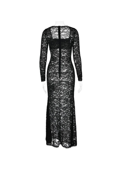 Lace Stitching See through Long Sleeve Square Neck Sheath Dress