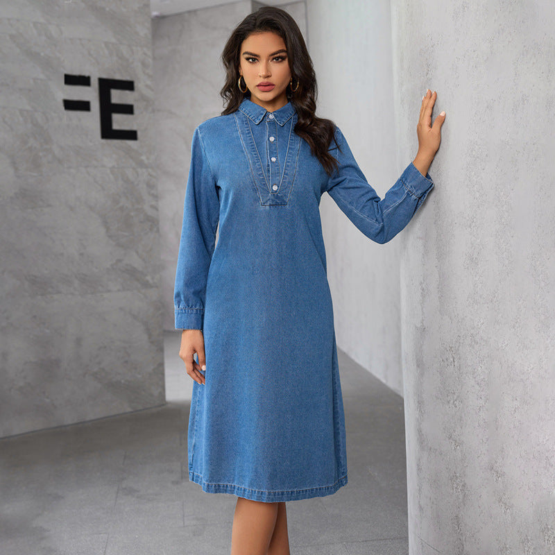 Pointed Collar Button Placket V-Yoke Long Sleeve Denim Midi Dress