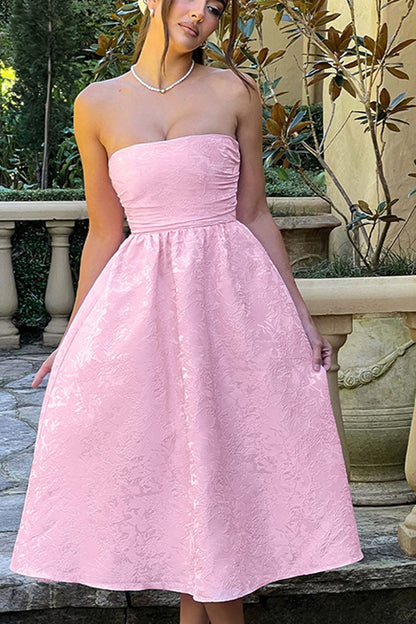 Jacquard Fabric Strapless Open Back Elegant Slim Midi Dress