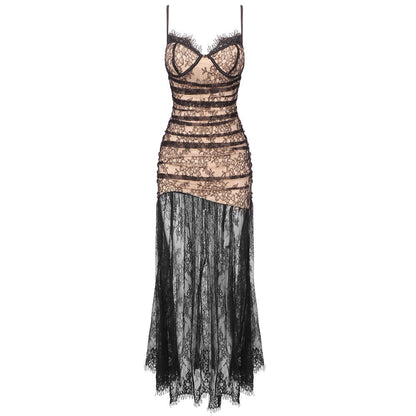 Lace Spaghetti Strap Sweetheart Scalloped Sheer Panel Maxi Gown