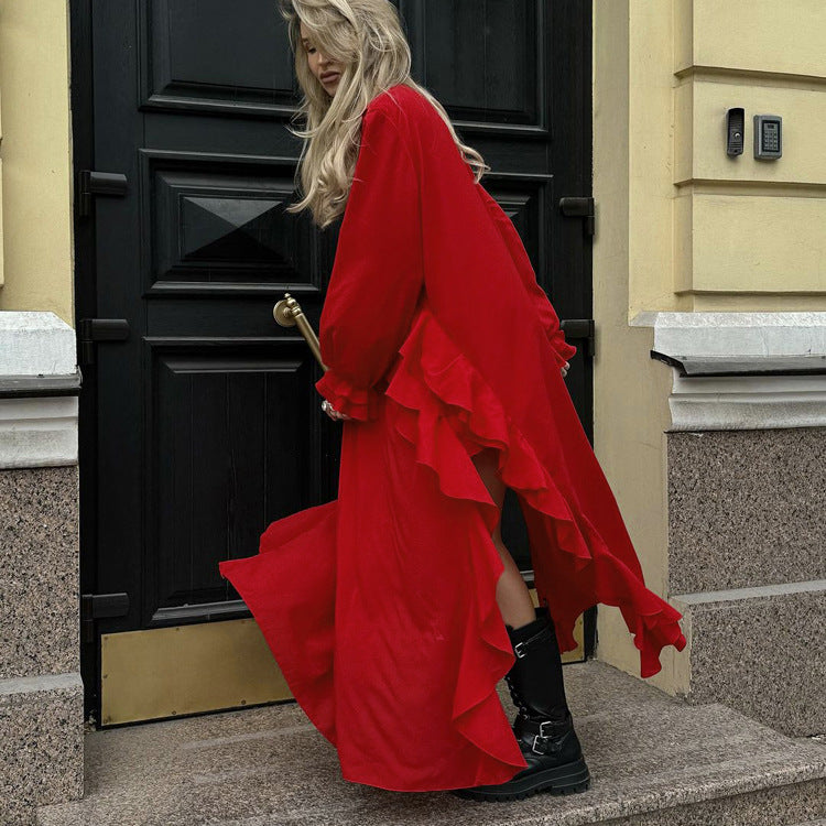 Deep V-Neck Ruffled Tier Long Sleeve High Slit Maxi Dress