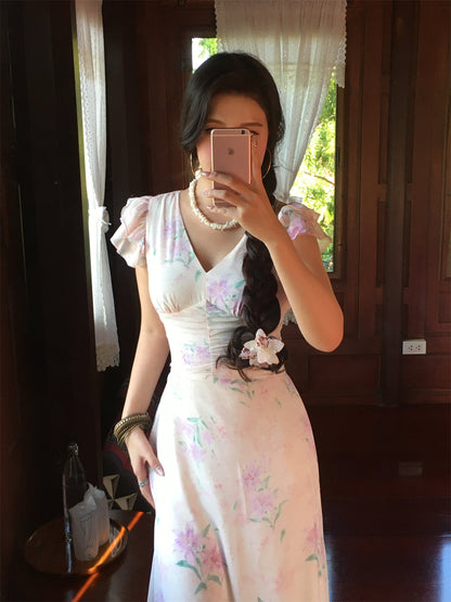 French Romantic Floral Maxi Dress Elegant Long Gown for Spring 2025 gunne sax vintage dress