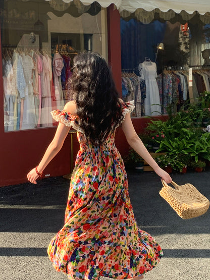 Midnight in Paris Romantic Off-Shoulder Ruffle Sleeve French Floral Dress gunne sax vintage dress