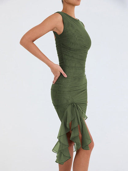 Round Neck Sleeveless Backless Pleated Midi Dress