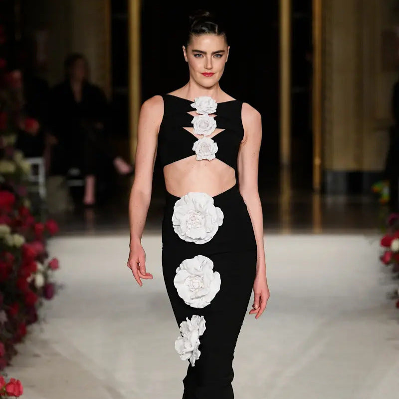 High Neck Diamond Cutout Floral Applique Sleeveless Column Floor-Length Dress