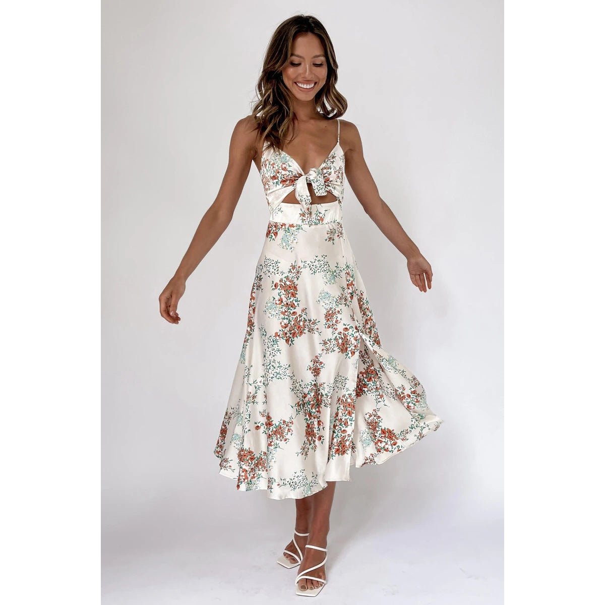 Sundress Small Maxi Floral Print Fresh Sweet Spaghetti-Strap Dress
