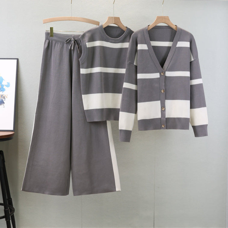 Gray – Sporty Striped Loose Three Piece Set
