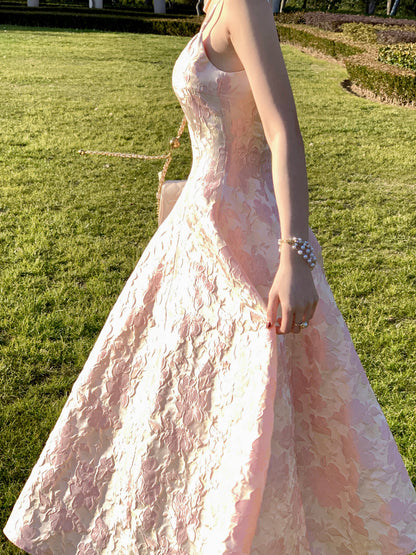 Porcelain Pink Jacquard Princess Dress Vintage Square Neck Slip Dress