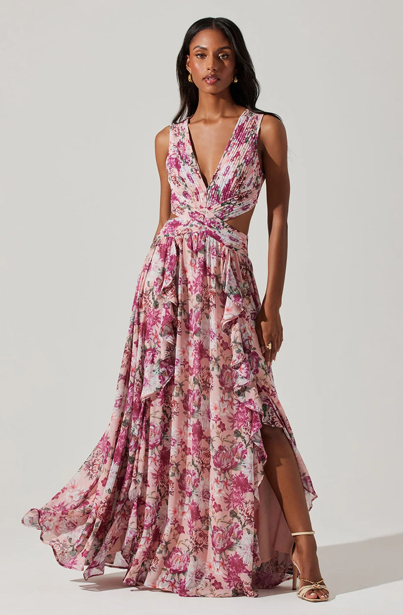 Sweet Floral Tiered Maxi Dress with Side Slit French Style