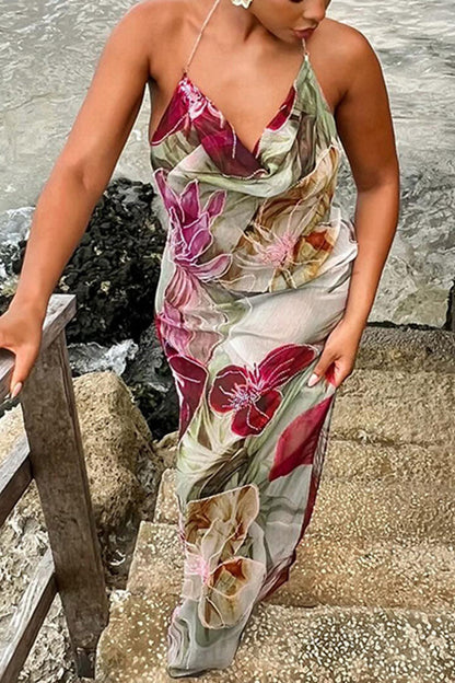 Floral Print Sexy Backless Slit See-Through Holiday Maxi Dress