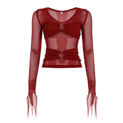 V neck long sleeve o ring lace mesh top