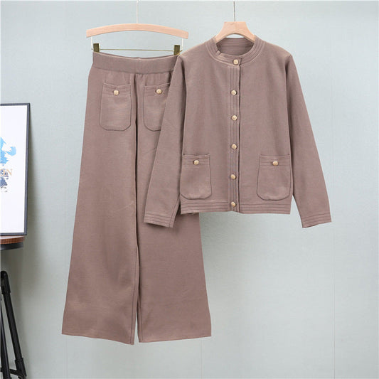 Khaki – Cardigan Top & Wide-Leg Pants Two Piece Set