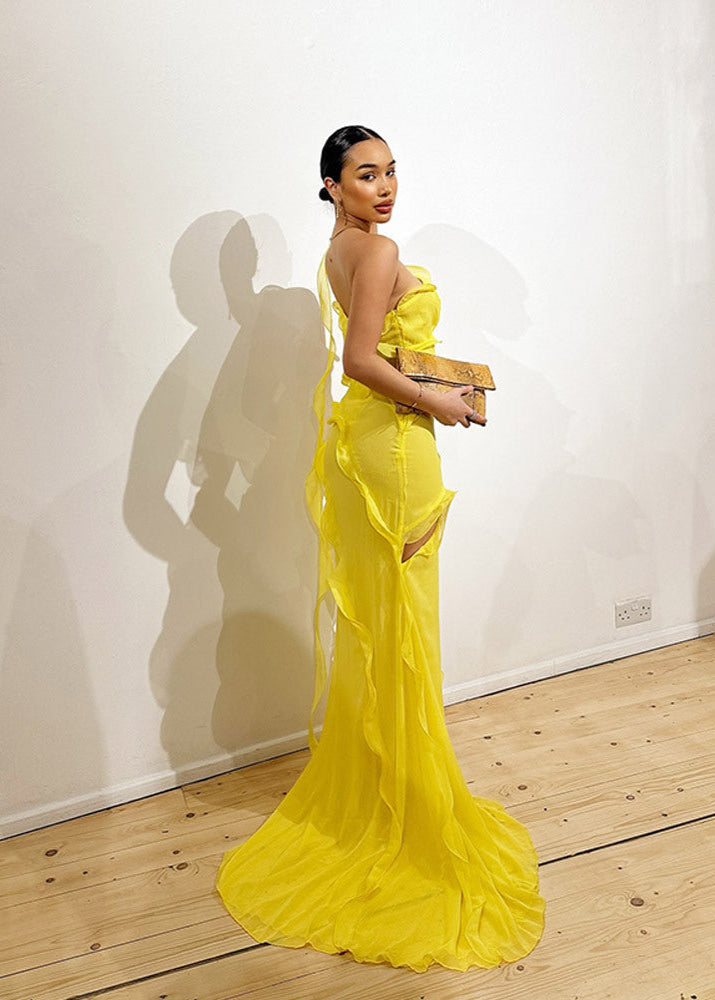 Solara – One-Shoulder Ruffle Slit Gown