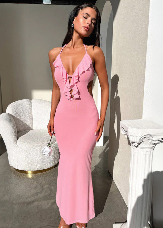Serene Grace - Halter Maxi Dress with Ruffle Detail