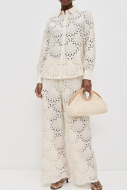 Lillah Embroidered Lace Shell Pattern Long Sleeve Loose Blouse