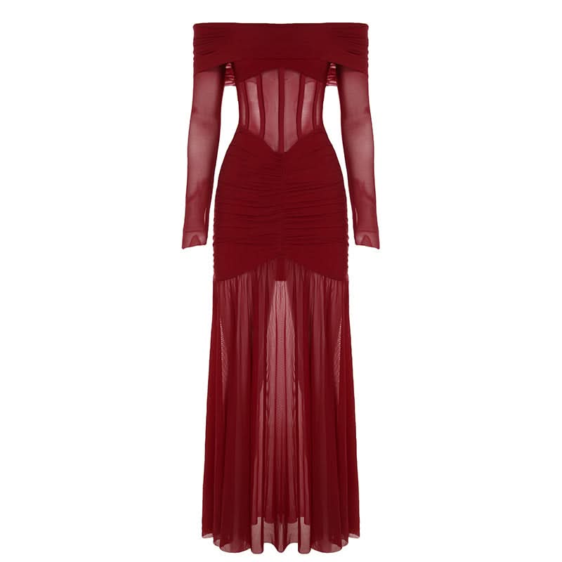 Long sleeve off shoulder mesh corset maxi dress