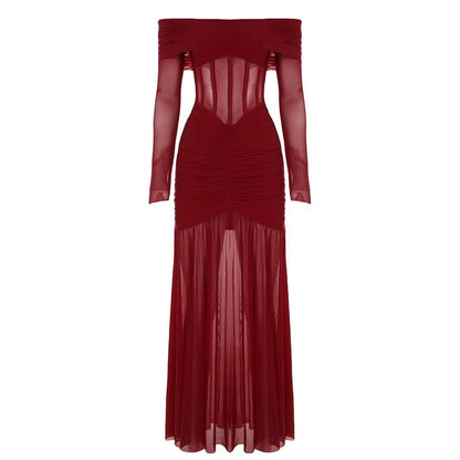 Long sleeve off shoulder mesh corset maxi dress