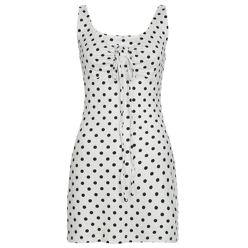 Polka Dot Deep V-Neck Keyhole Tie Front Tank Strap Bodycon Mini Dress