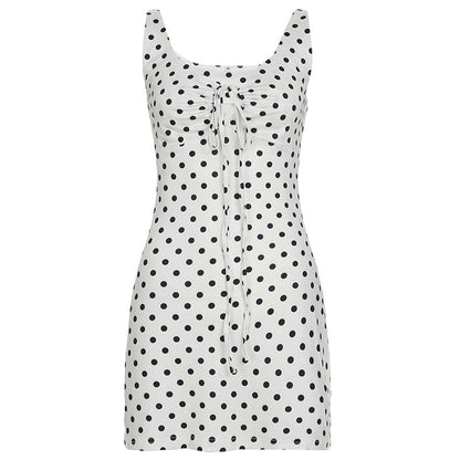 Polka Dot Deep V-Neck Keyhole Tie Front Tank Strap Bodycon Mini Dress