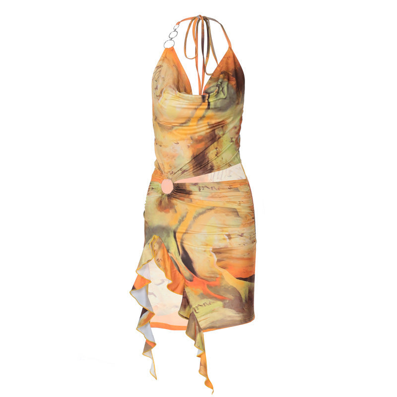 Halter Cowl Neck Mesh Abstract Print Ring Cutout Top and Mini Skirt Set