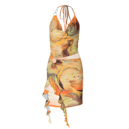 Halter Cowl Neck Mesh Abstract Print Ring Cutout Top and Mini Skirt Set