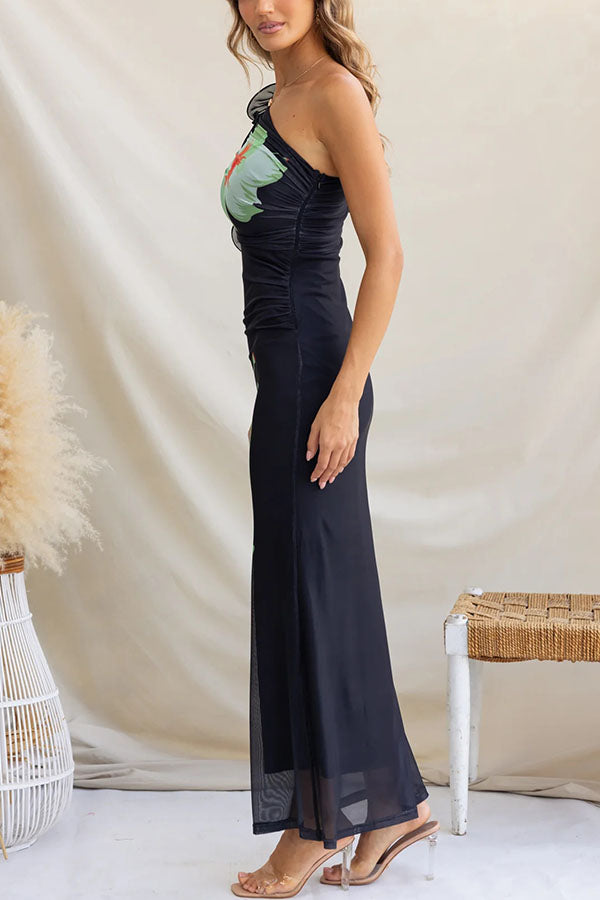 Floral Print One-shoulder Fitted Mesh Maxi Dress