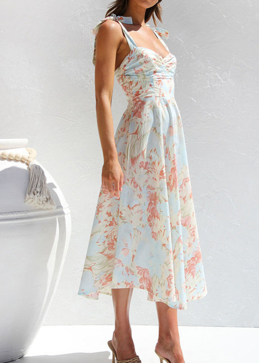 Aquarelle Dress – Soft Blue Floral Tie-Shoulder Midi