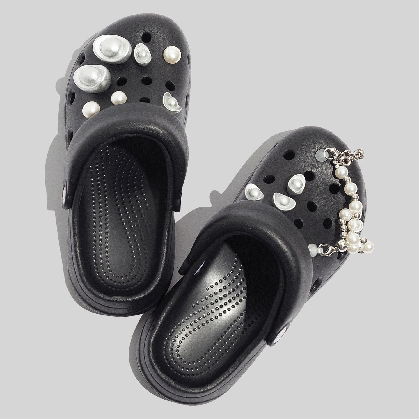 Women's Durable Black Clogs With Decorative Pearls And Beads