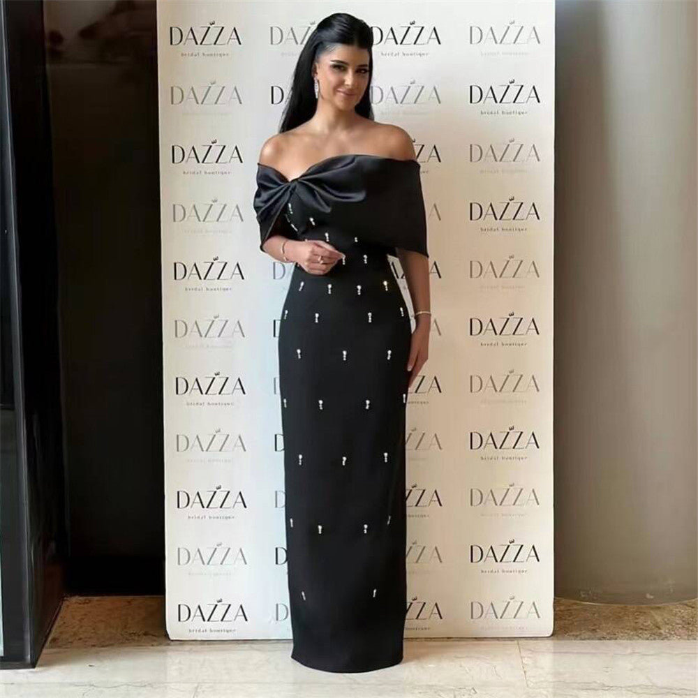 Off-the-Shoulder Draped Satin Bodice Beaded Column Floor-Length Gown