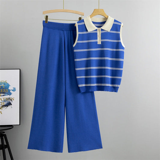 Blue - Lapelless Knitted Sleeveless Vest Two Piece Set