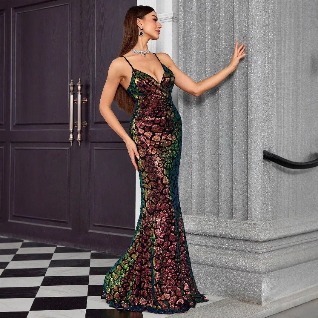 Sequin Scale Pattern V-Neck Mermaid Maxi Gown