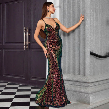 Sequin Scale Pattern V-Neck Mermaid Maxi Gown