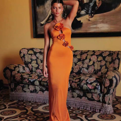 Halter Cutout Floral Slim Fit Maxi Prom Dress