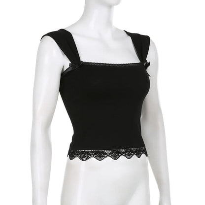 Square neck solid lace hem lace up crop top