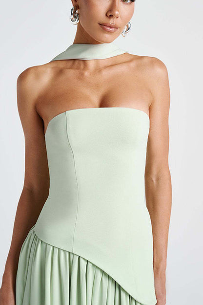 consonak Strapless Back Lace-up High Slit Splice Maxi Dress