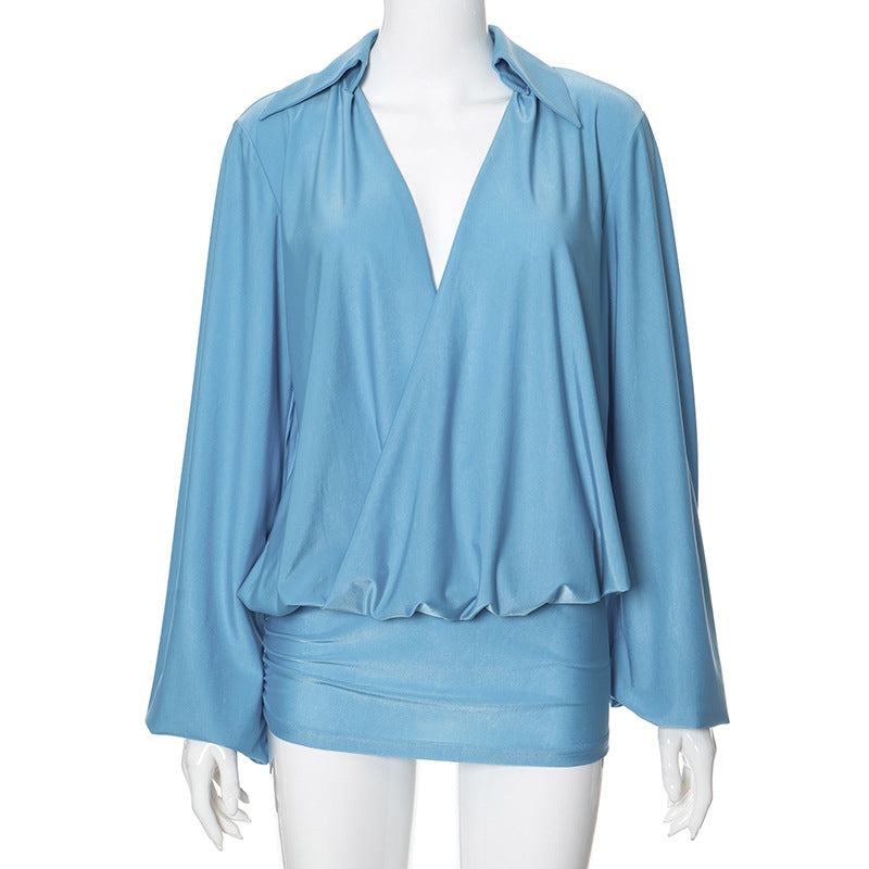 Deep Plunge Collar Long Sleeve Wrap Front Draped Bodice Bodycon Mini Dress