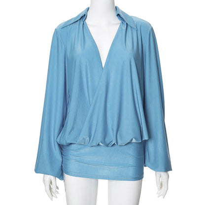 Deep Plunge Collar Long Sleeve Wrap Front Draped Bodice Bodycon Mini Dress