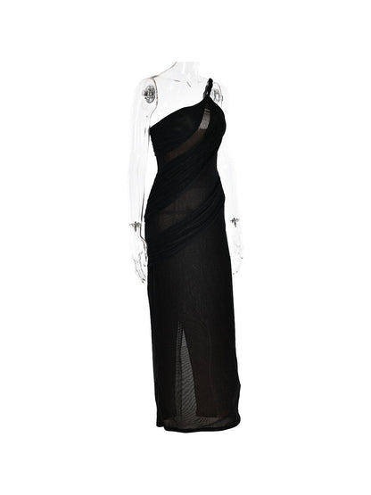 One Shoulder Shimmer Mesh Backless Dress