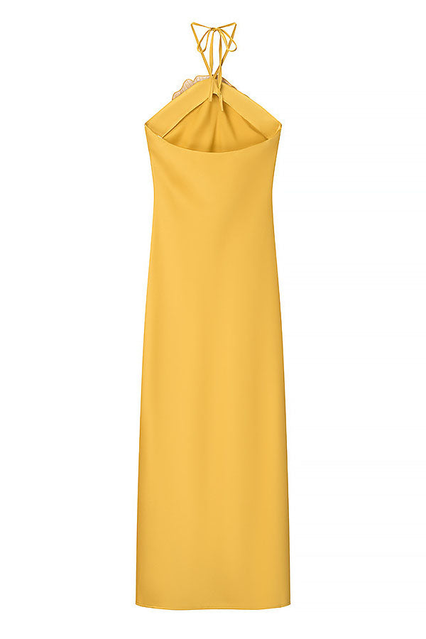 Fashionable Beaded Large Flower Decoration Halter Neck Backless Maxi Dress