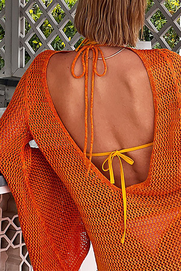 Knitted Dolman Sleeves Cutout Crew Neck Tie Backless Cover Up