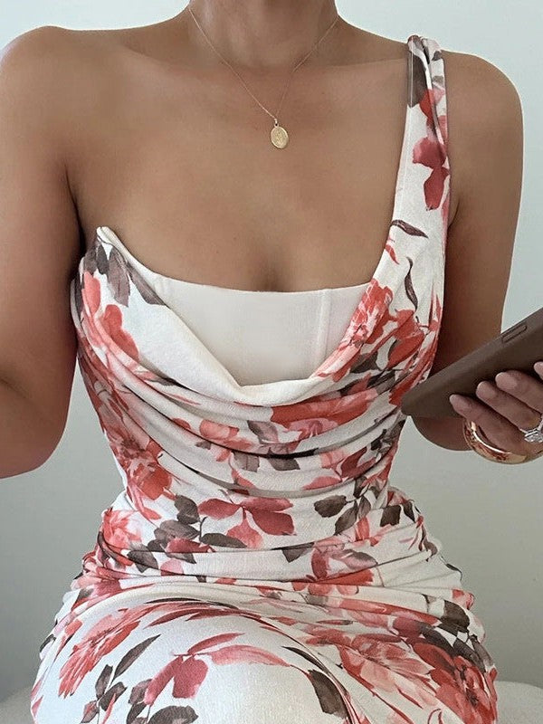 Floral Print One Shoulder Suspender Sheath Dress