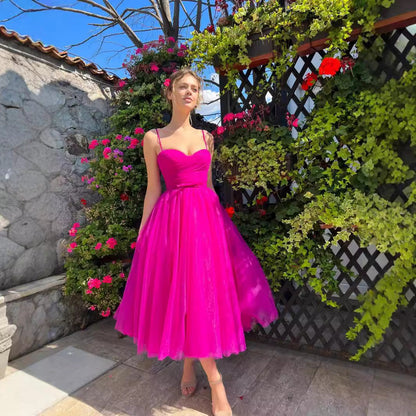Ruched Sweetheart Spaghetti Strap Tiered Tulle A-Line Midi Dress