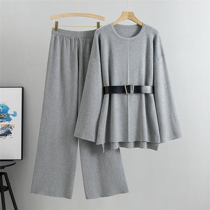 Gray - Knitted Wide-Leg Pants & Sweater Two Piece Set