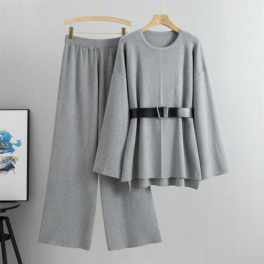 Gray - Knitted Wide-Leg Pants & Sweater Two Piece Set