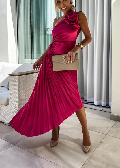 Romantic Nights Satin Raised Flower Elastic Cutout One Shoulder Pleated Maxi Dress