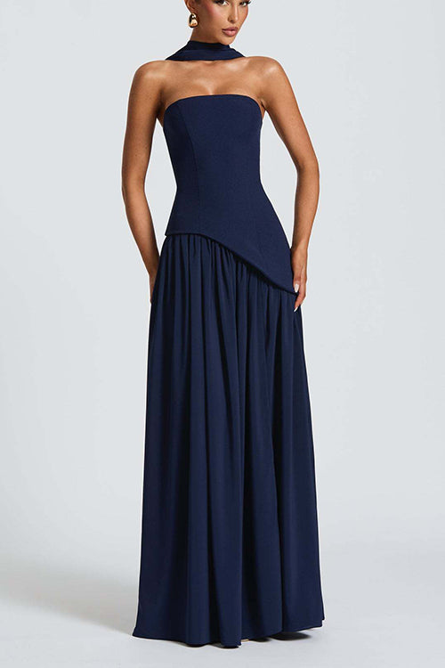 consonak Strapless Back Lace-up High Slit Splice Maxi Dress